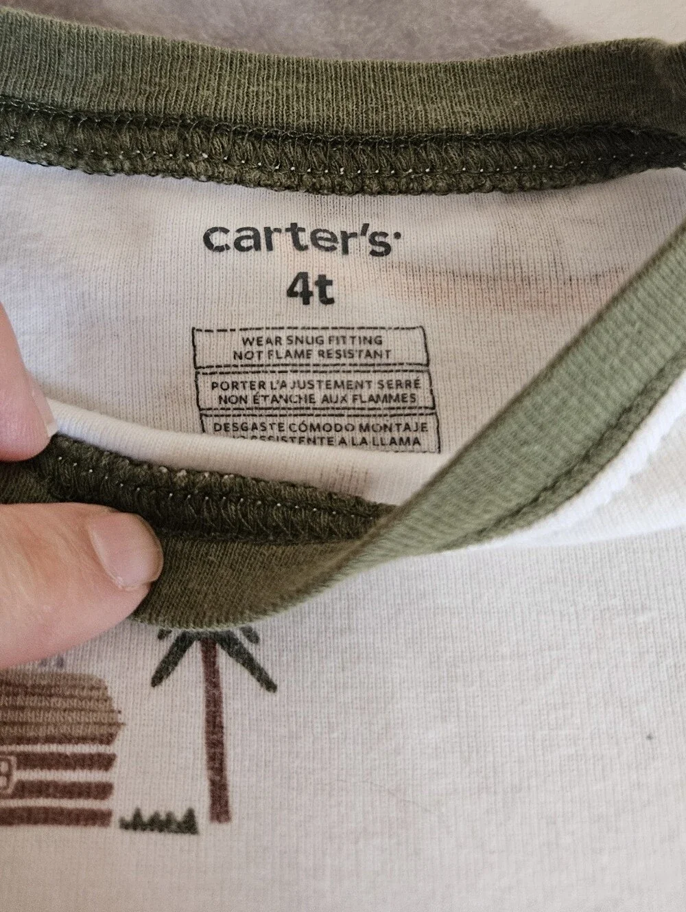 Carter's White Pajama Top with Olive Trim and Woodland Print
